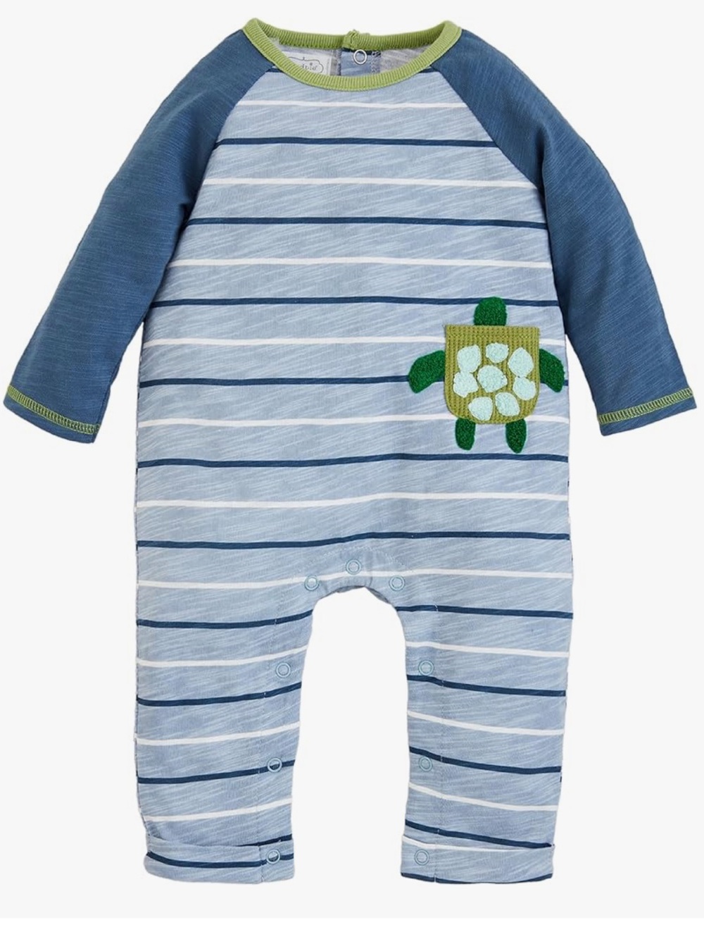 Mud Pie Blue Striped Turtle Applique Footie with Green Trim